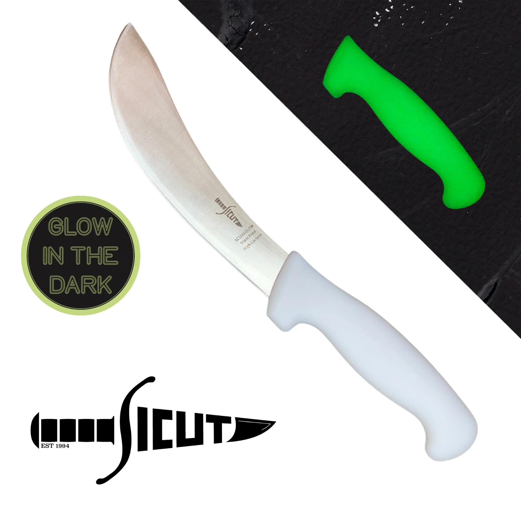 SICUT Curved Blade Beef Skinning Knife – 6″ Blade with GLOW IN THE DARK  HANDLE SC1SK6GLOW - Brisbane Hunting Supplies